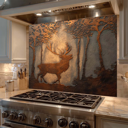 Decorative glass backsplash with a deer design above a stove in a kitchen.