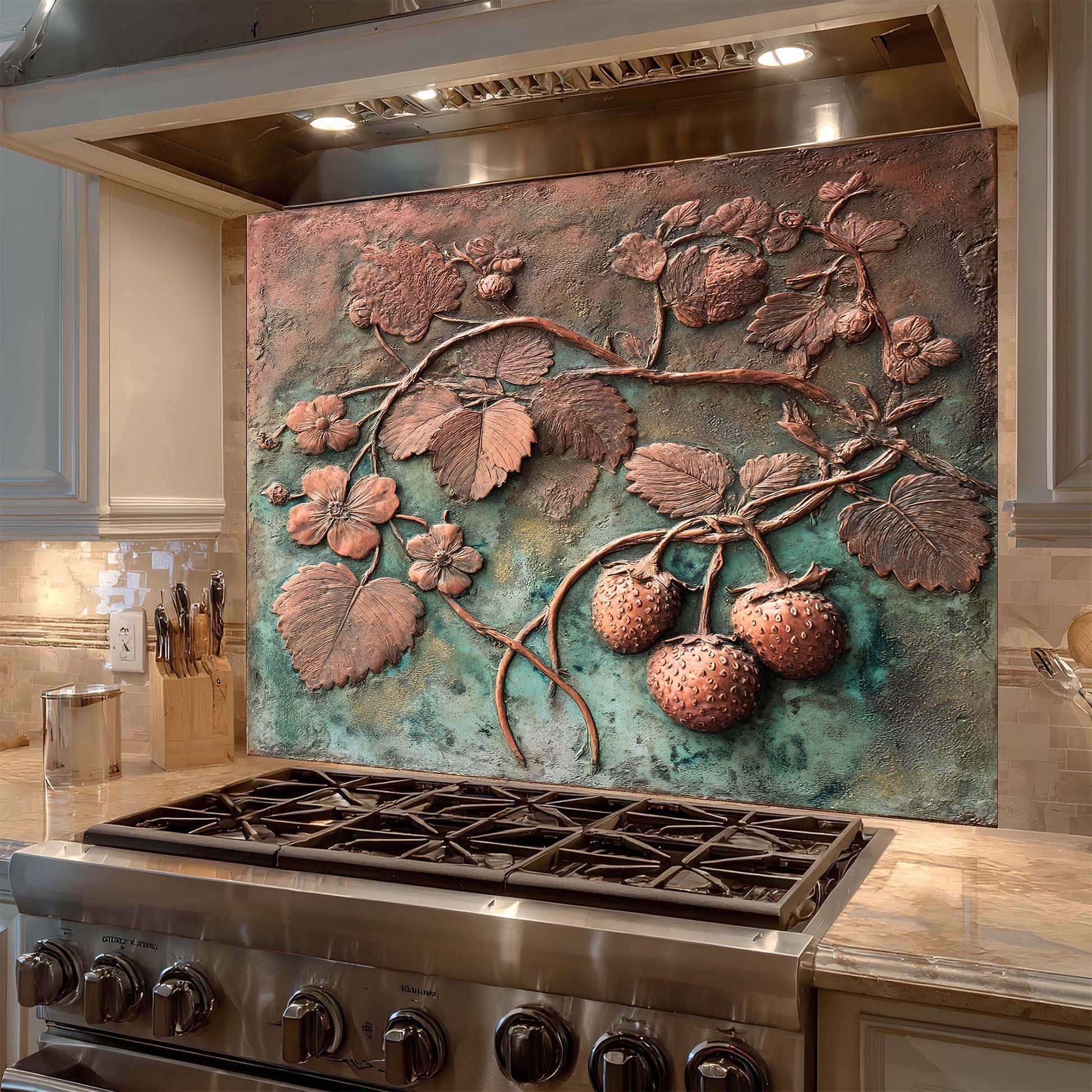 Decorative glass backsplash with floral design above a stove in a kitchen.