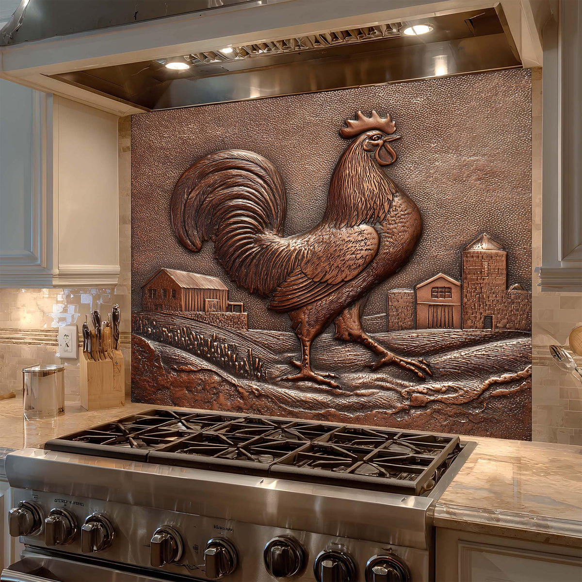 Küchenrückwand aus Glas, Motiv Bauernhof mit Hahn – Spritzschutz aus Glas in Kupfer-Optik – Glass Kitchen Backsplash
