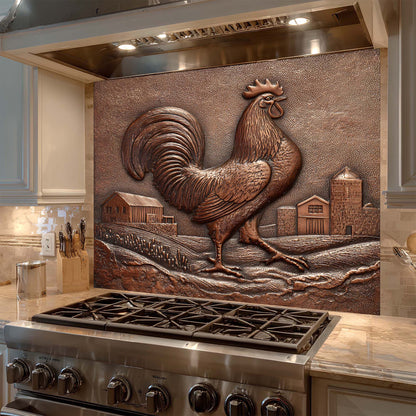 Decorative glass backsplash with a rooster design above a stove in a kitchen.