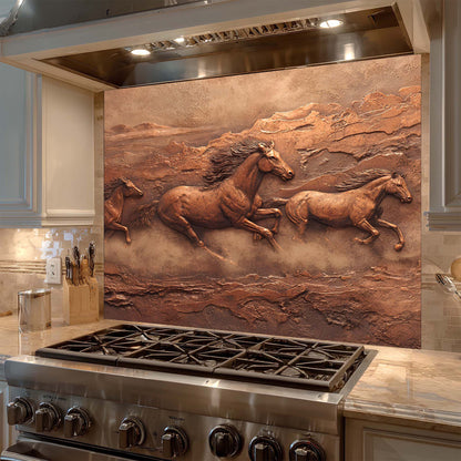 Stainless steel stove with a decorative glass backsplash featuring running horses in a desert landscape.