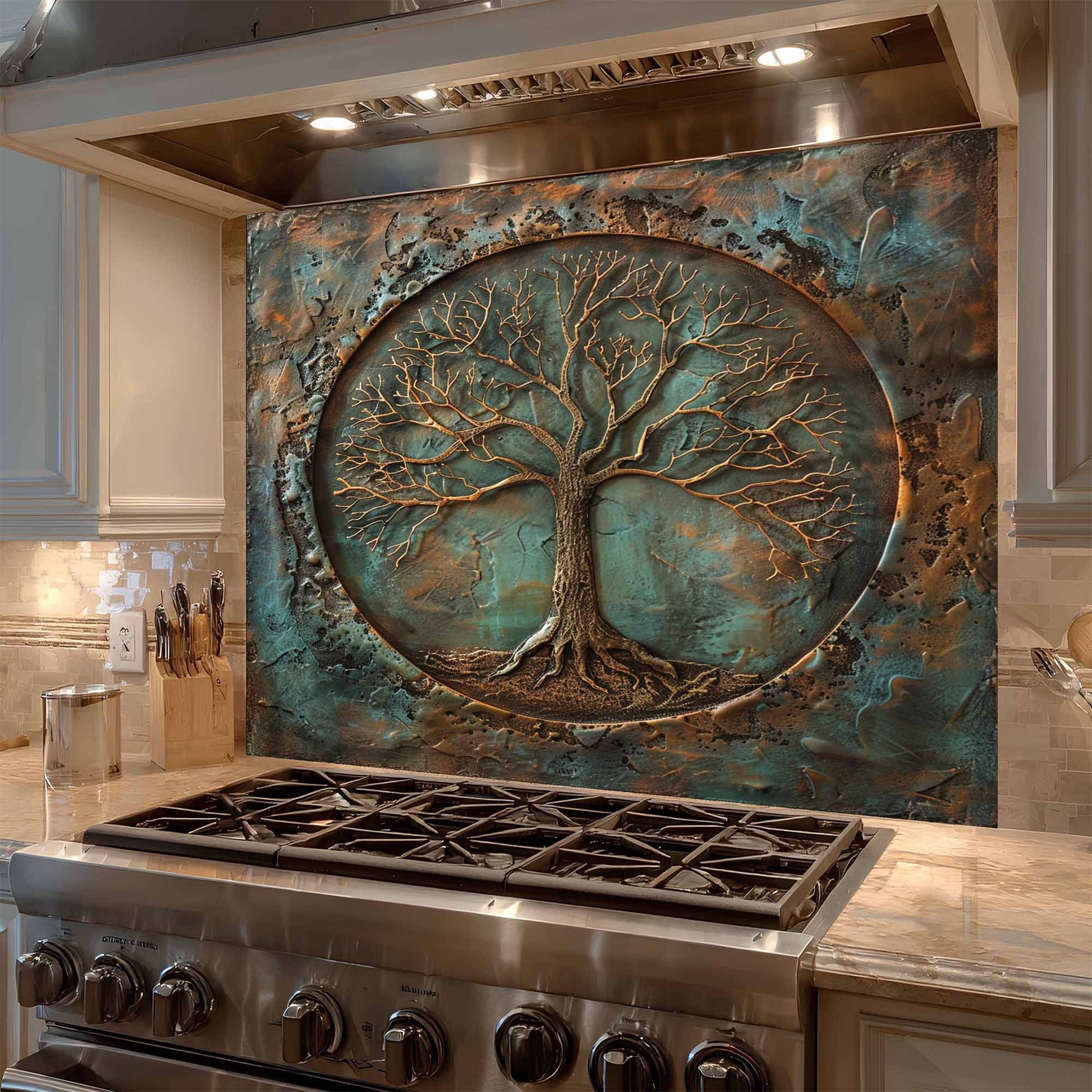 Decorative backsplash with tree design above a stove in a kitchen.