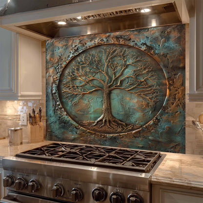 Decorative backsplash with tree design above a stove in a kitchen.