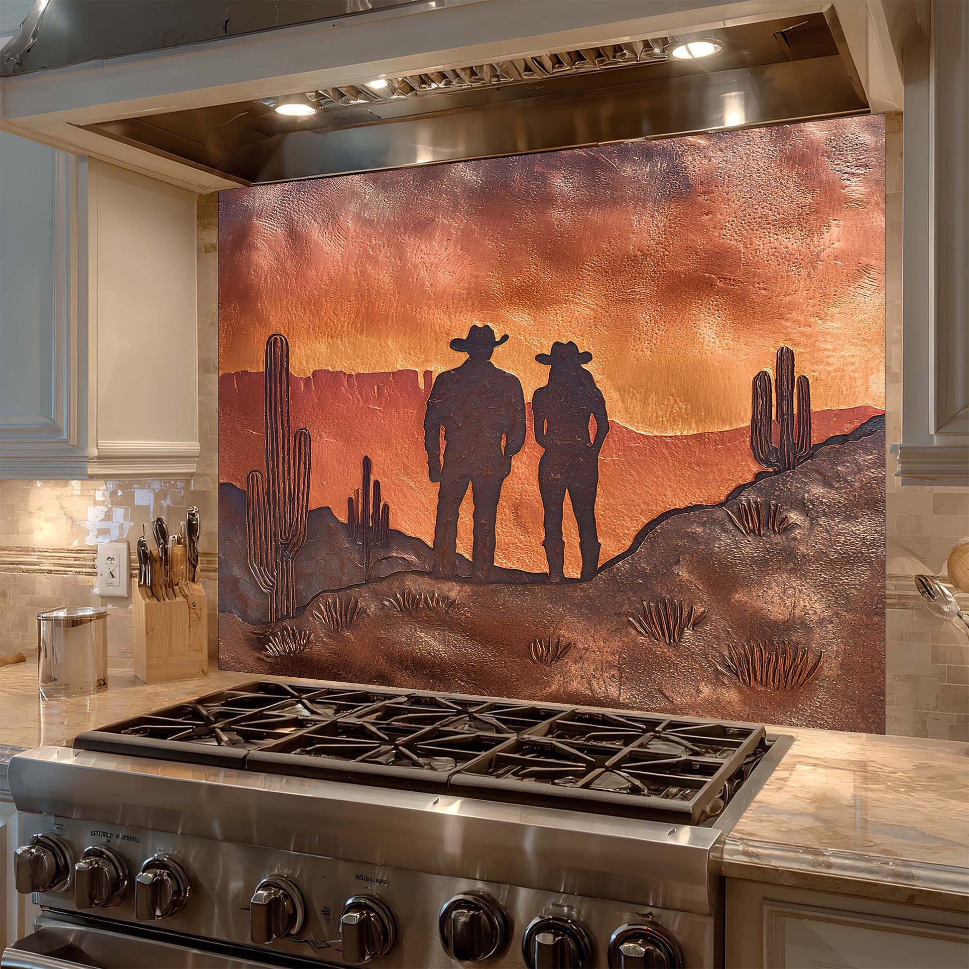 Decorative copper look glass backsplash with cowboy design above a stove in a kitchen.