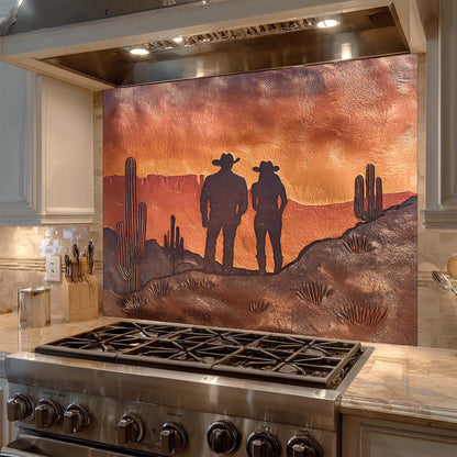 Decorative copper look glass backsplash with cowboy design above a stove in a kitchen.