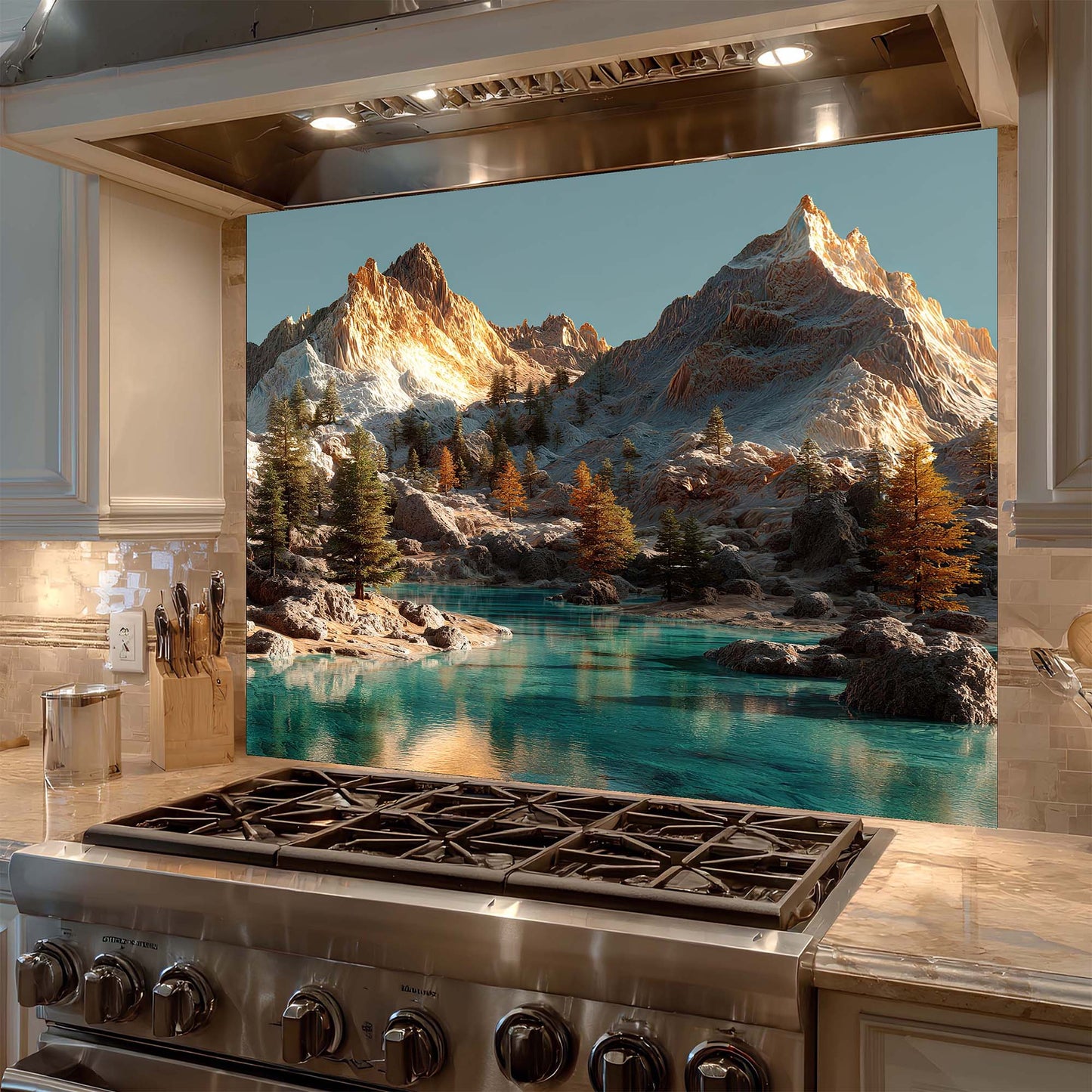 Stainless steel stove with a mountain and lake backsplash in a kitchen setting