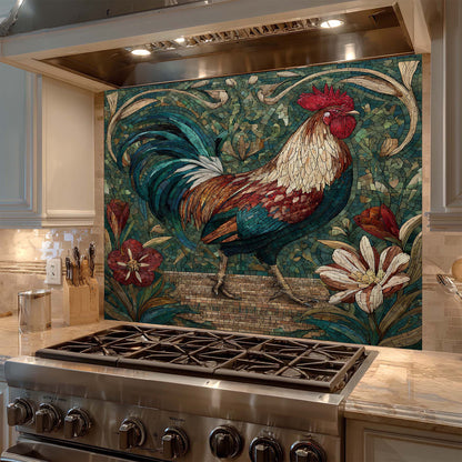 Kitchen with a decorative glass backsplash of a rooster on the wall above a stove.