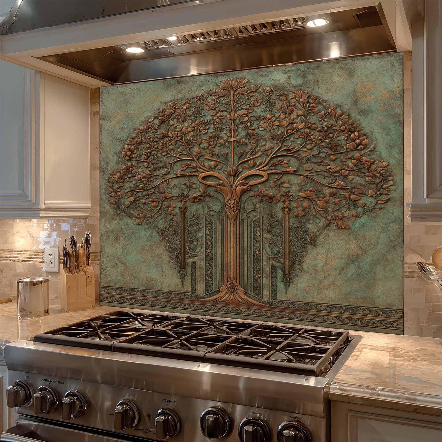 Decorative backsplash of a tree above a stove in a kitchen.