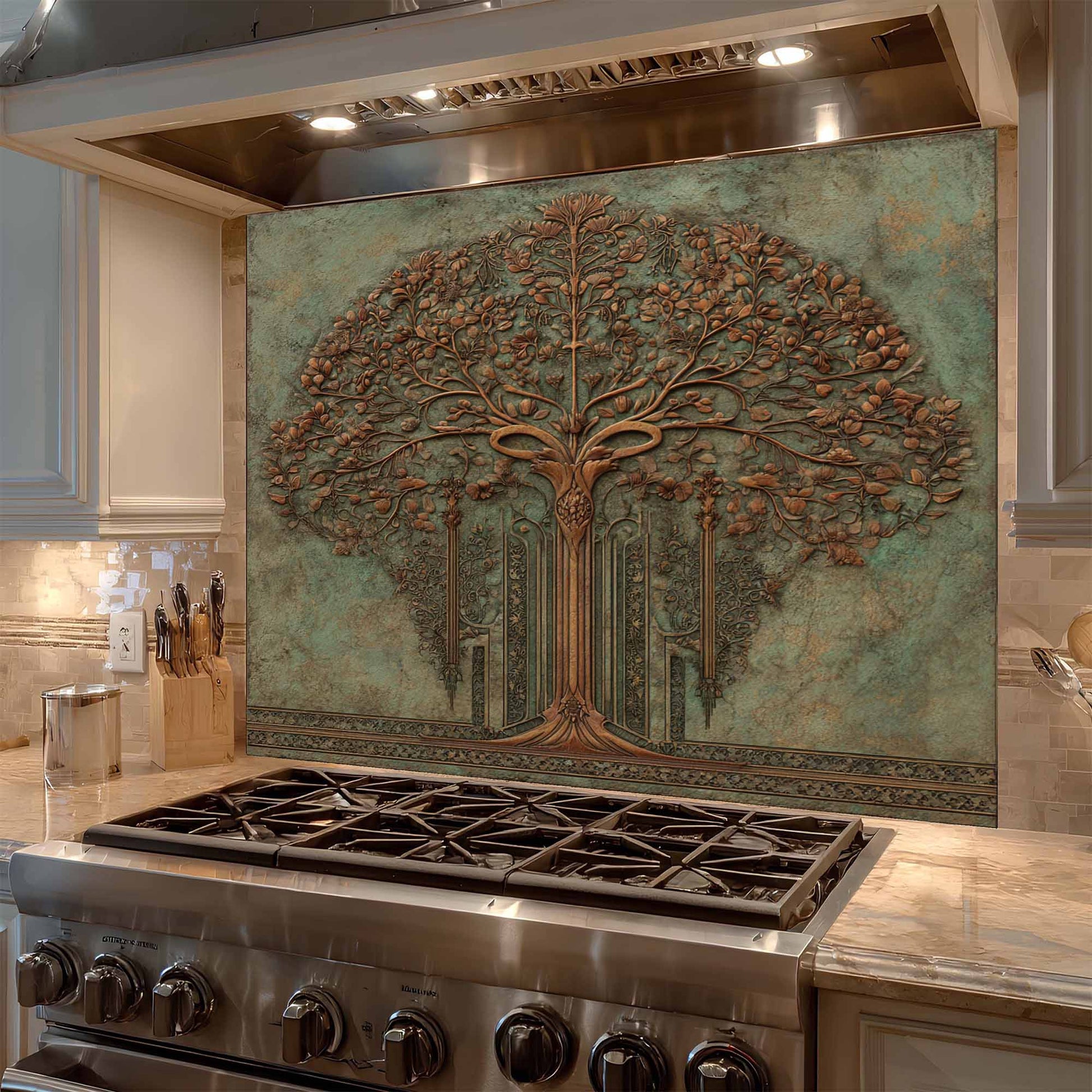 Decorative backsplash of a tree above a stove in a kitchen.