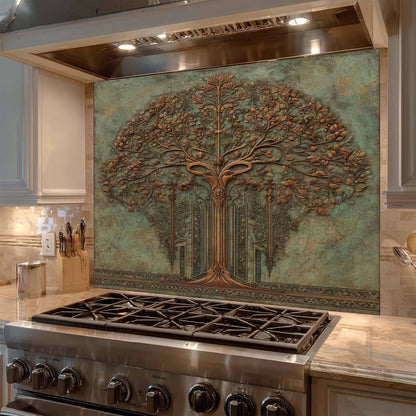 Decorative backsplash of a tree above a stove in a kitchen.