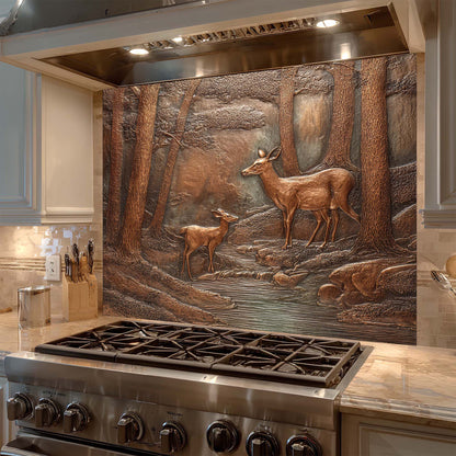 Decorative glass backsplash with deer design above a stove in a kitchen.