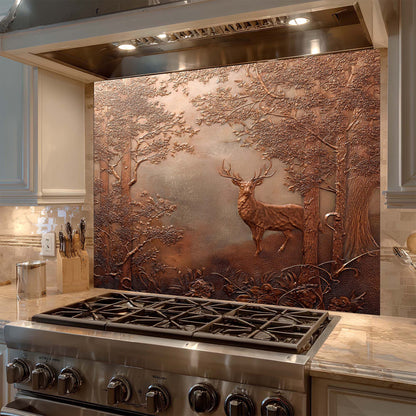 Stainless steel stove with decorative copper look glass backsplash featuring a deer in a forest design.