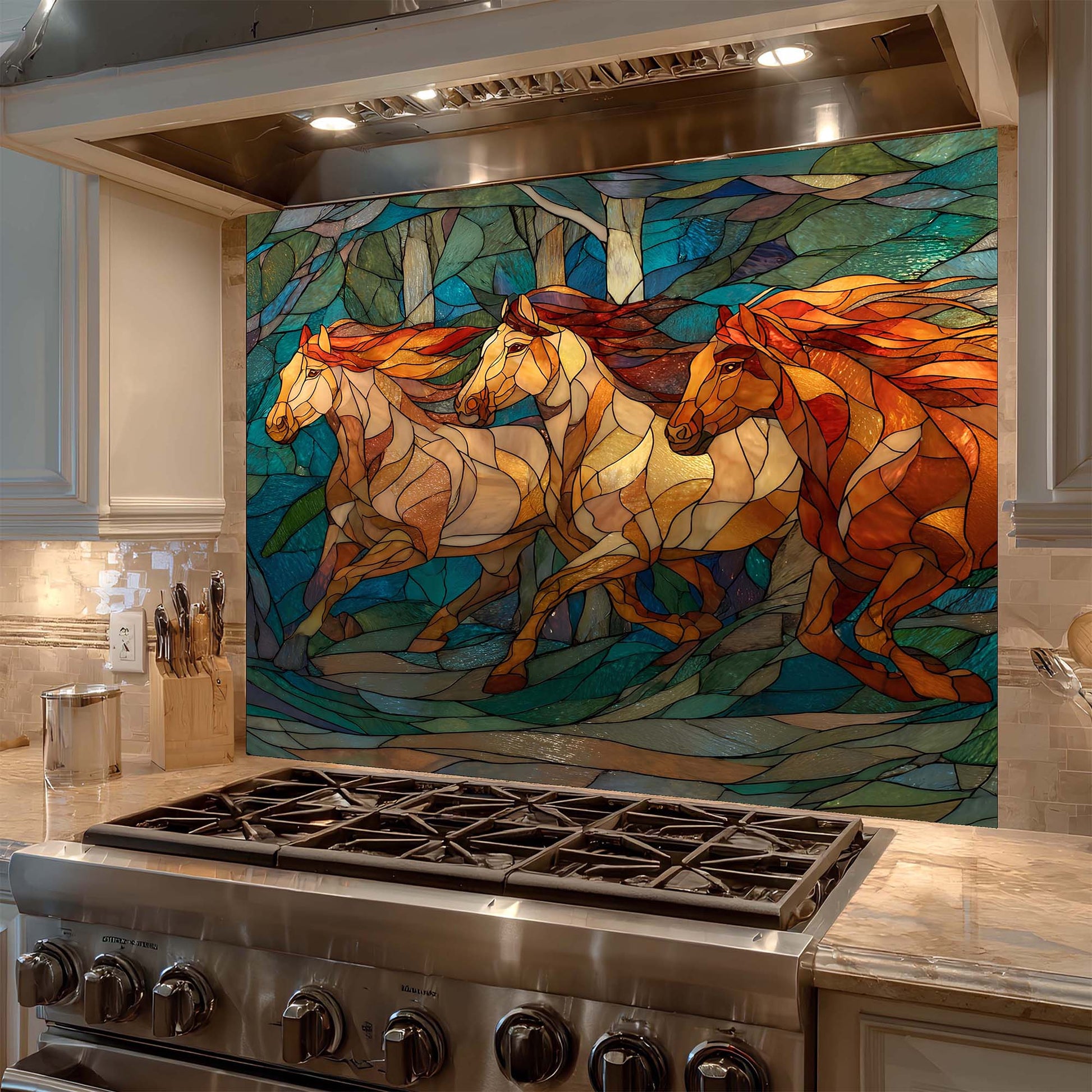 Three running horses in a stained glass forest design on tempered glass backsplash, creating a bold, elegant kitchen focal point.