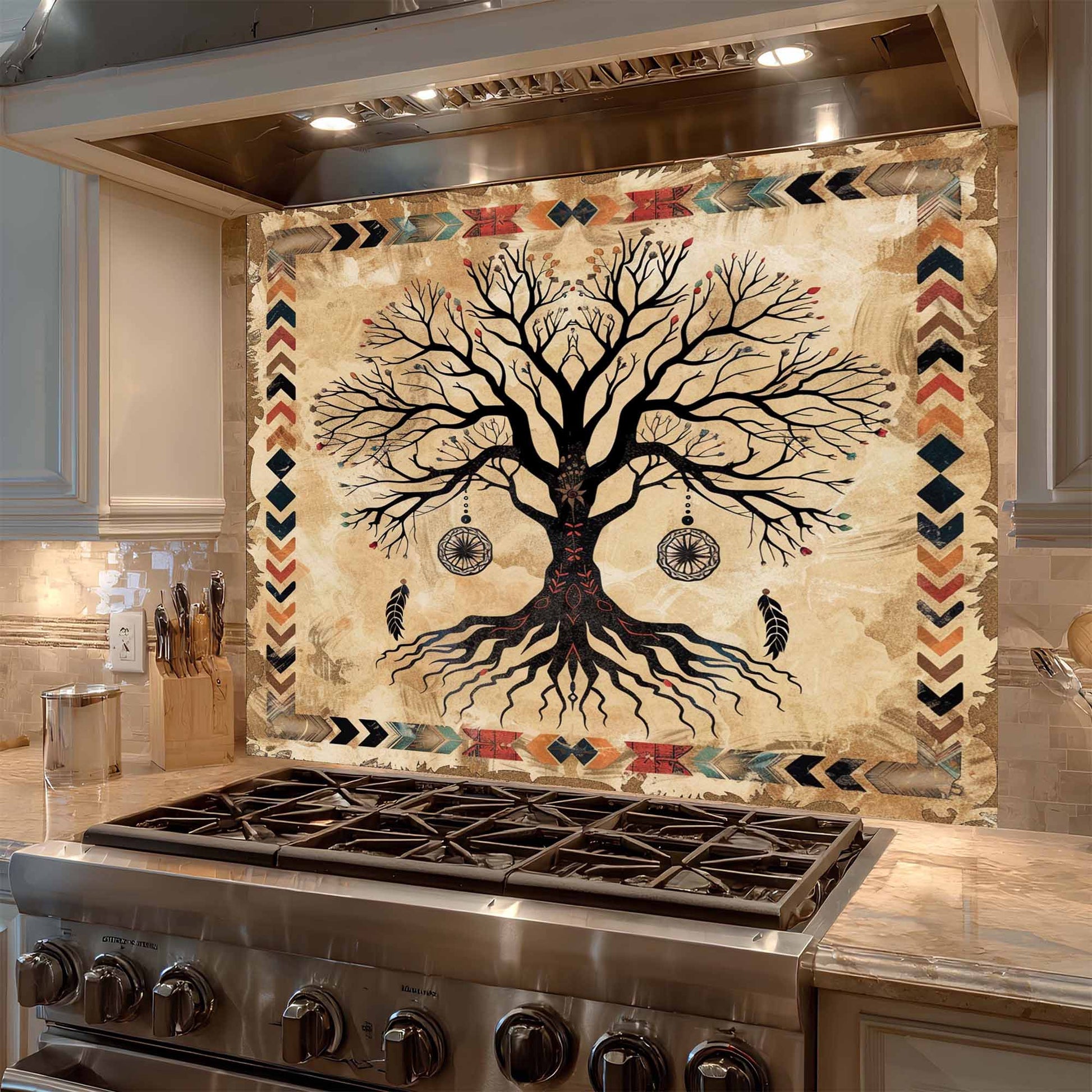 Kitchen with a decorative backsplash featuring a tree design above a stove.