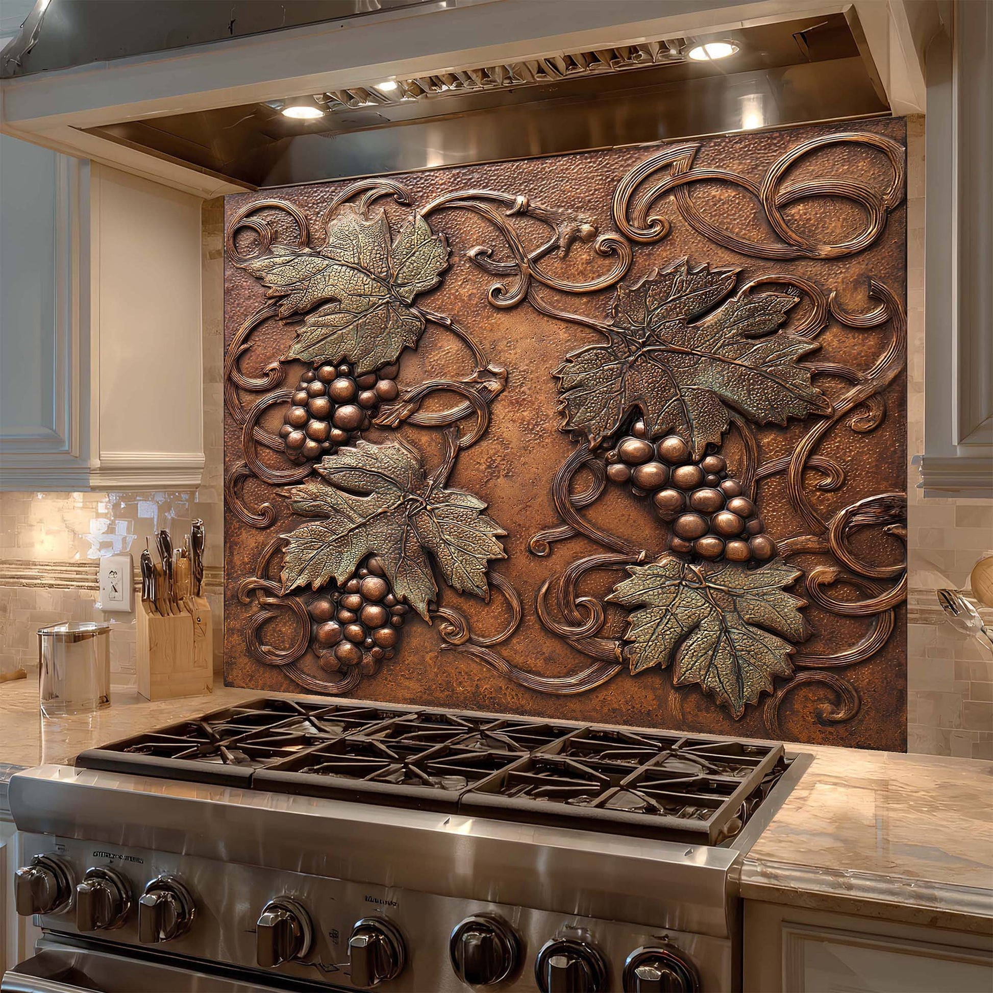 Decorative glass backsplash with grapevine design above a stove in a kitchen.