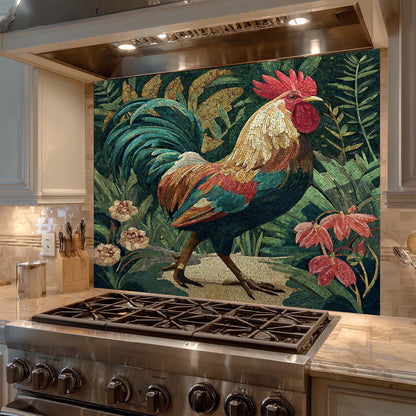Stainless steel stove with a decorative rooster backsplash in a kitchen setting