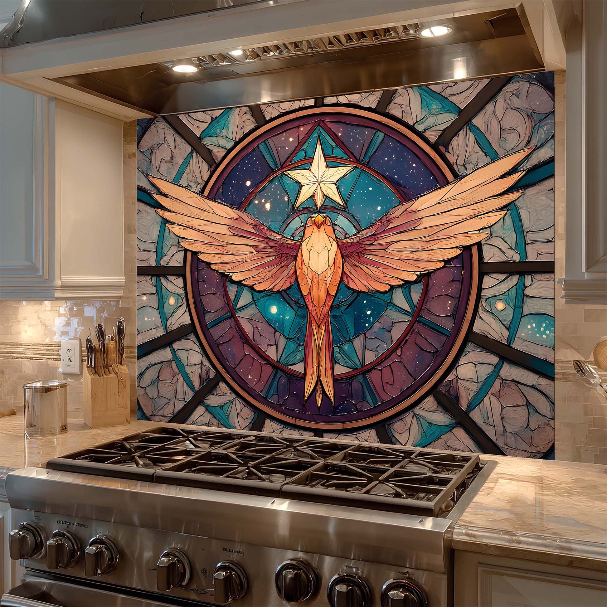 Stainless steel range hood with a phoenix and star backsplash in a kitchen setting