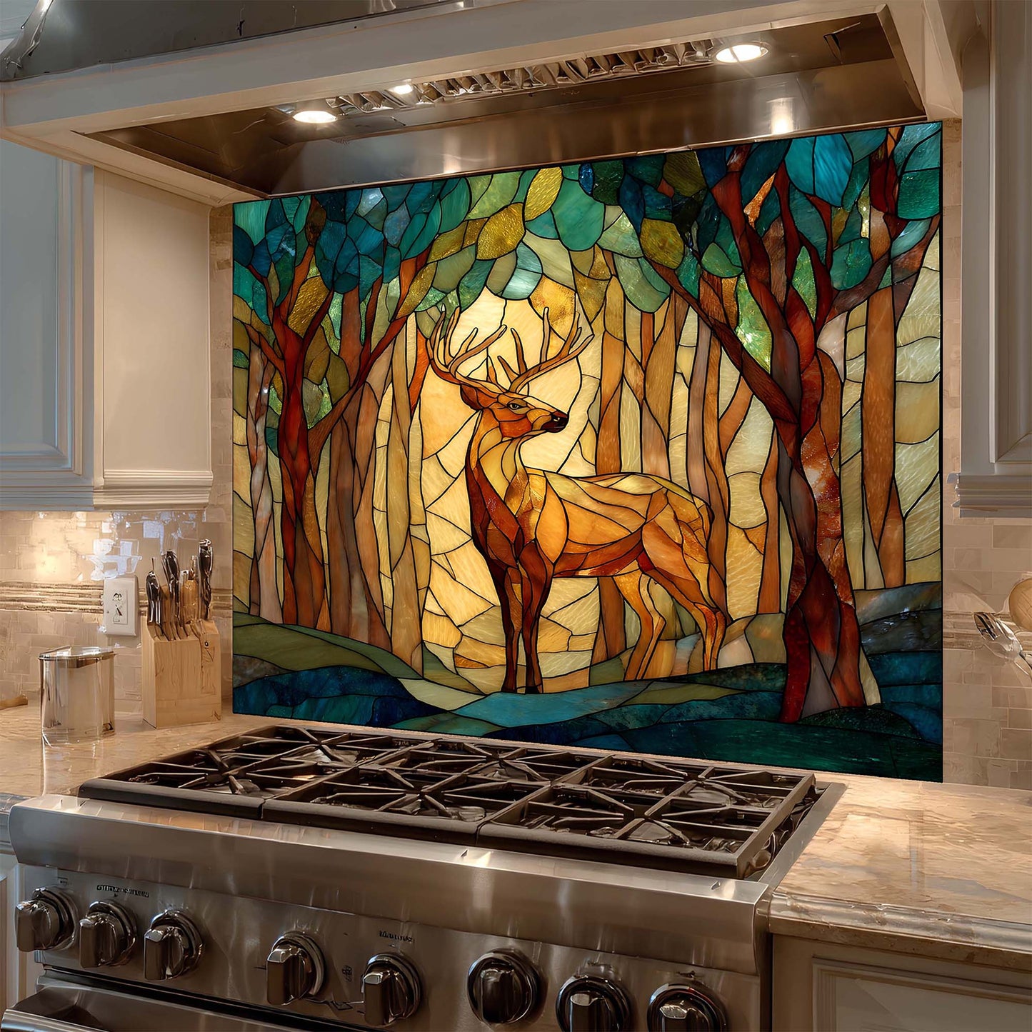 Stained glass backsplash with deer design above a stove in a kitchen