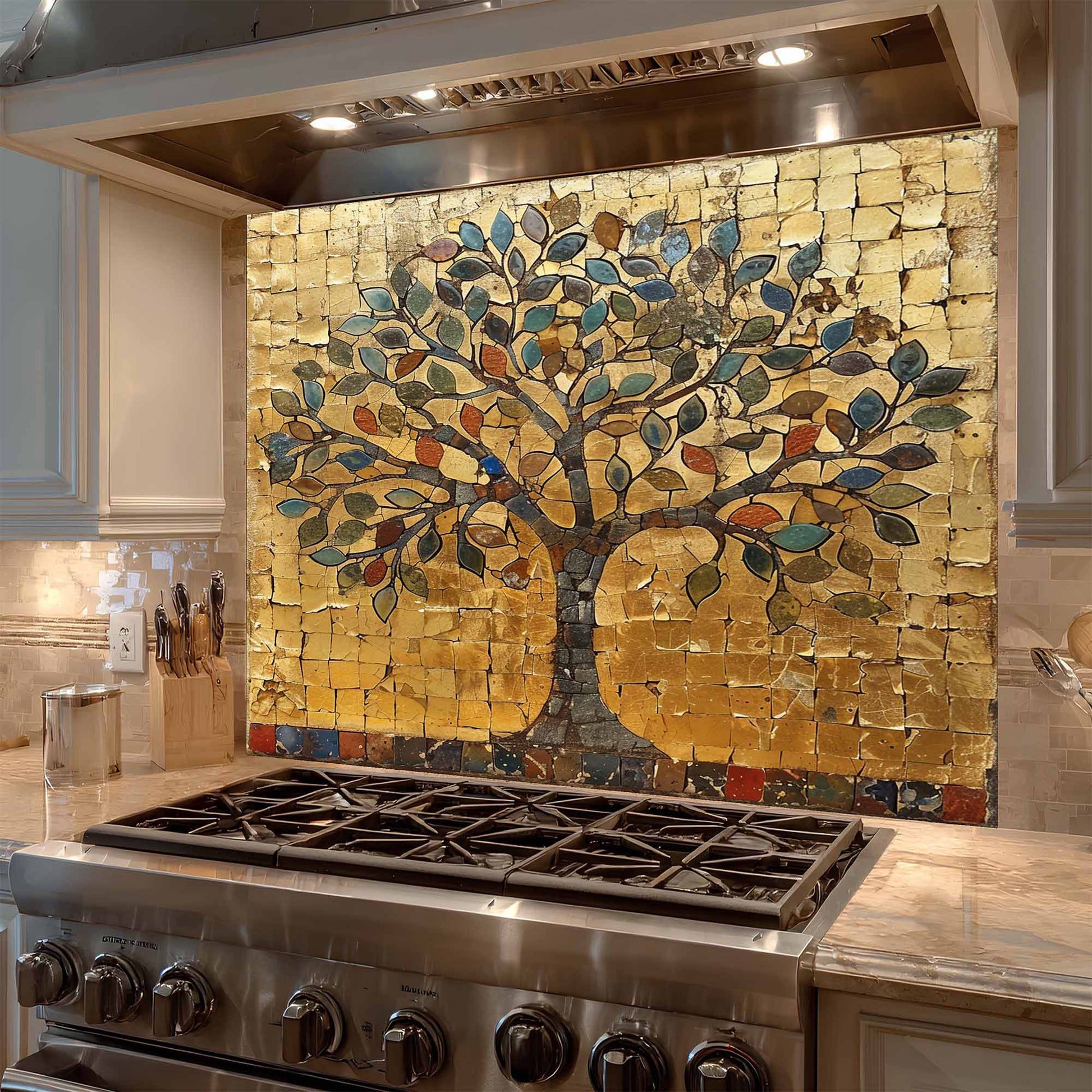Kitchen with a decorative mosaic tile backsplash featuring a tree design.