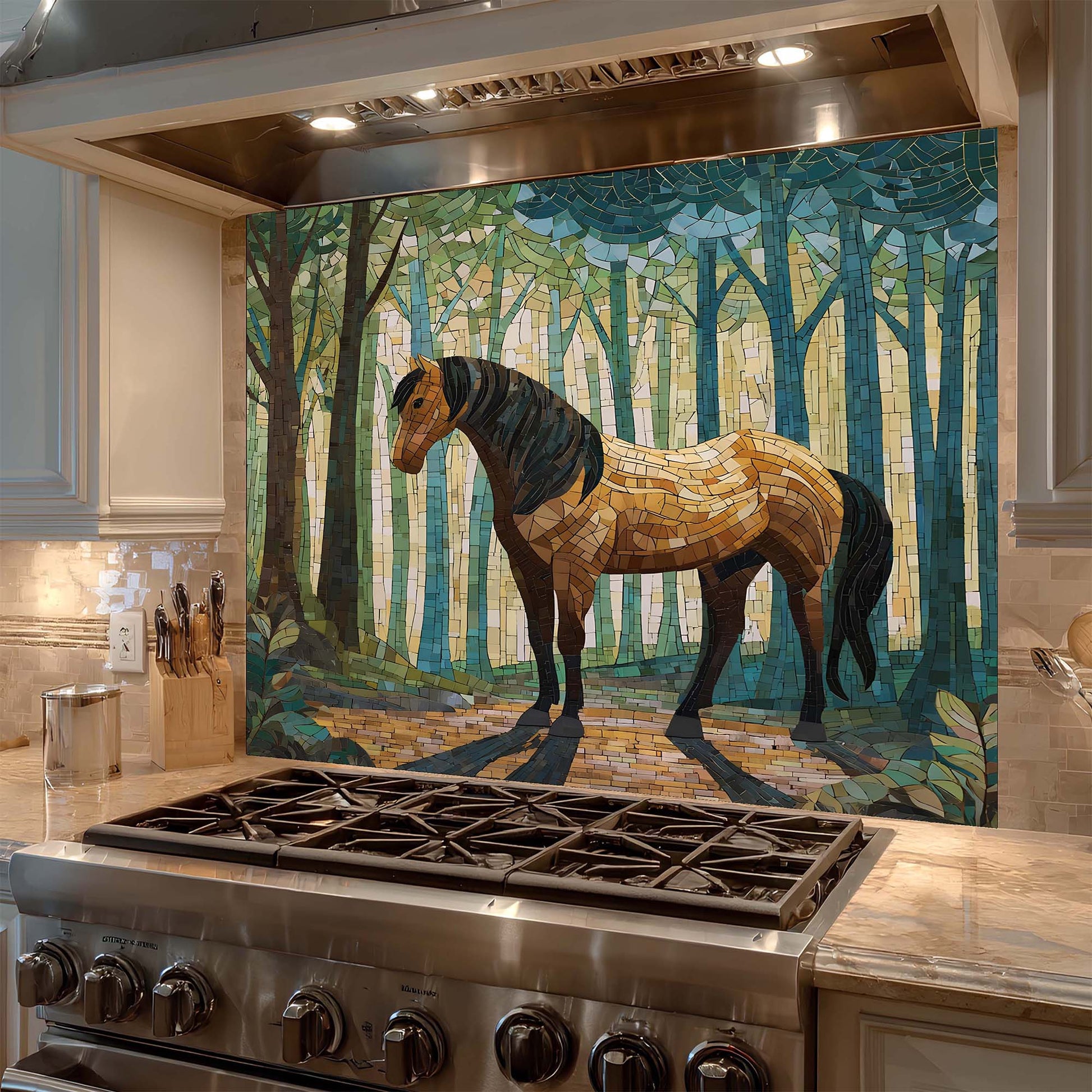 Kitchen with a decorative mosaic of a horse in a forest design on the glass backsplash.