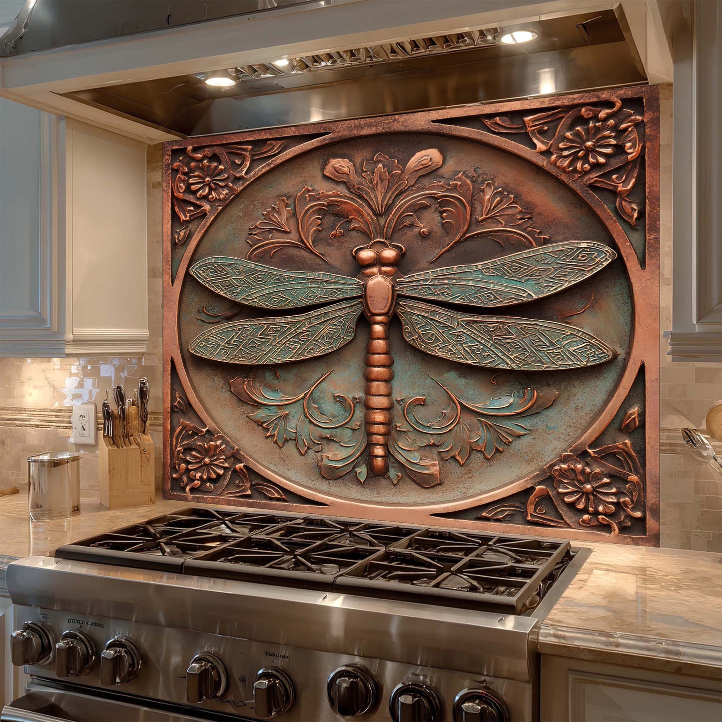 Decorative copper dragonfly design glass backsplash above a stove in a kitchen.