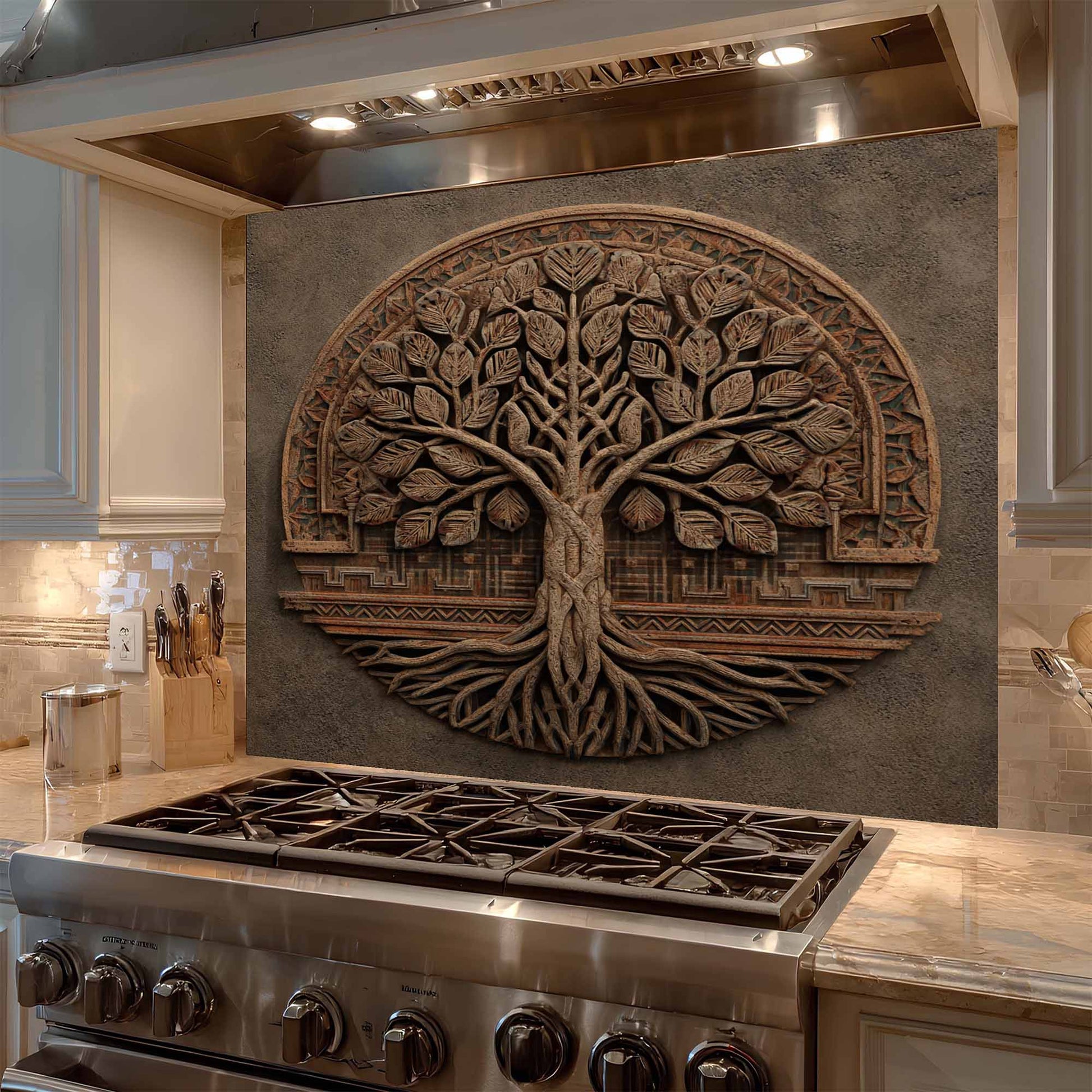 Decorative glass backsplash of a tree on a kitchen backsplash above a stove.