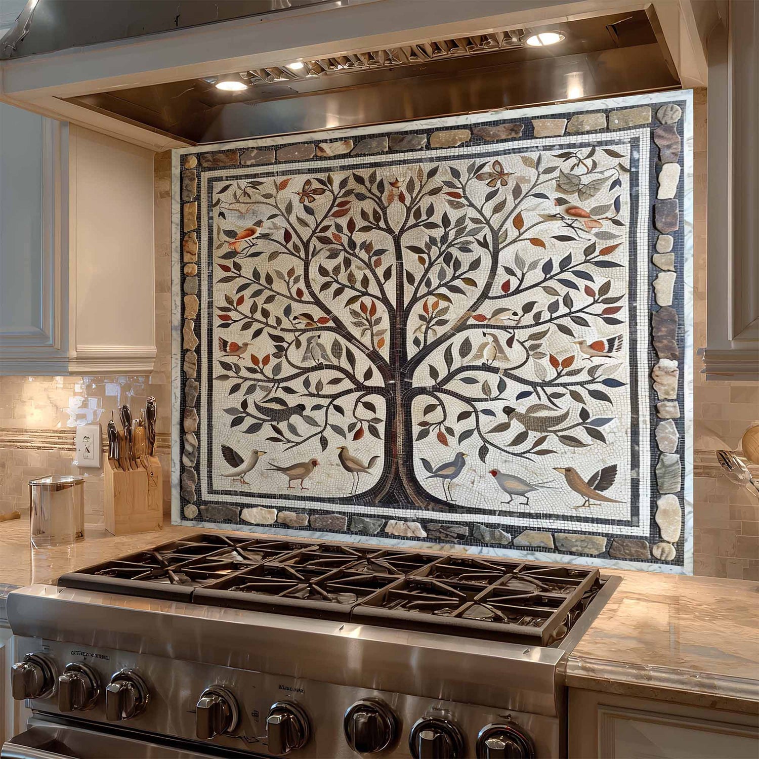 Kitchen with a decorative mosaic tile backsplash featuring a tree and birds.