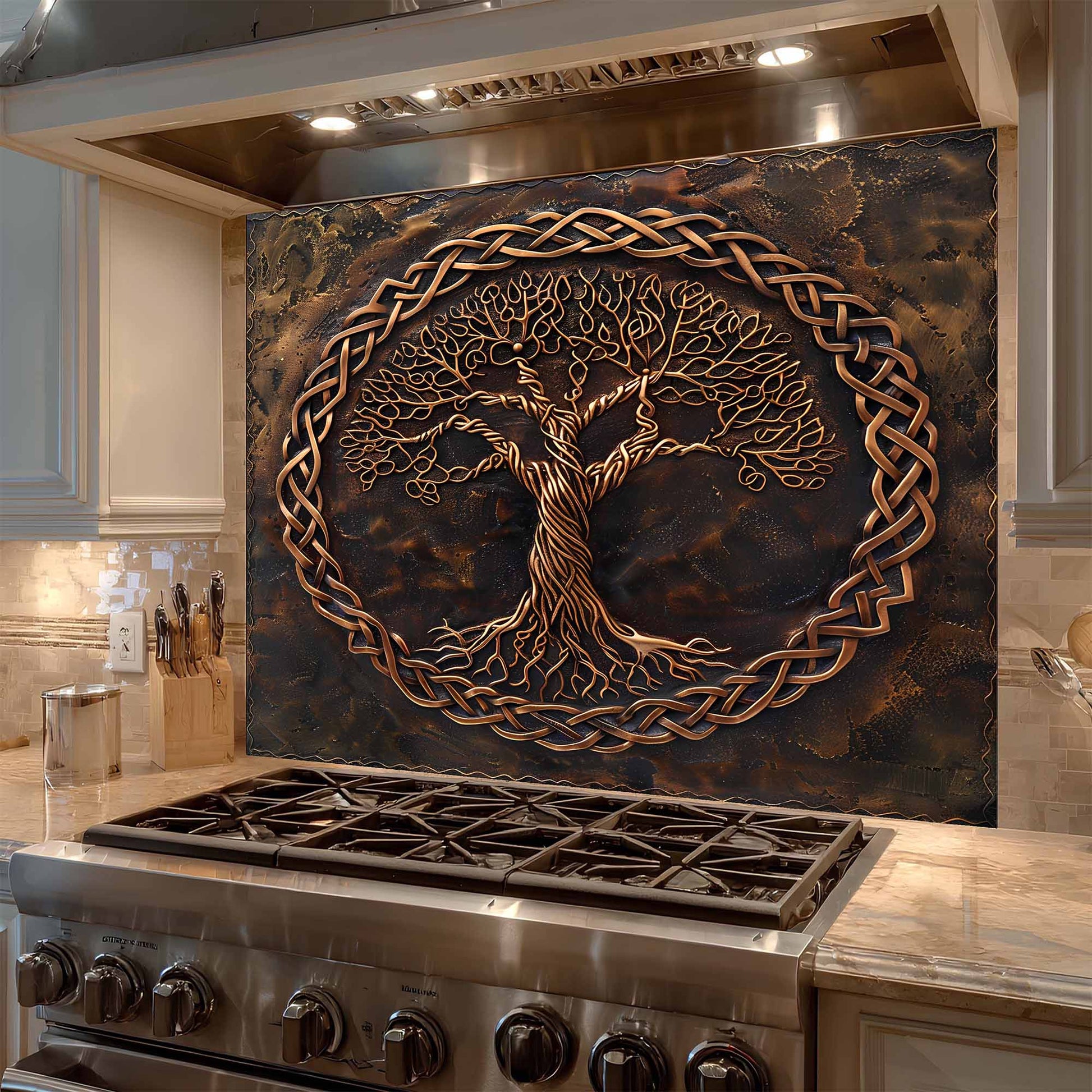 Decorative backsplash with tree design above a stove in a kitchen.