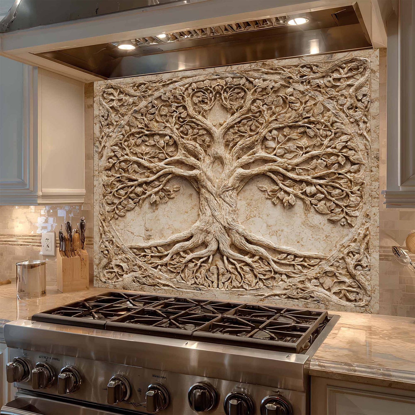 Decorative backsplash with tree design above a kitchen stove