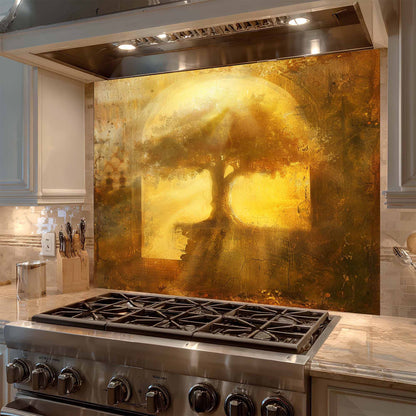 Stainless steel stove with artistic glass splashback in a kitchen setting