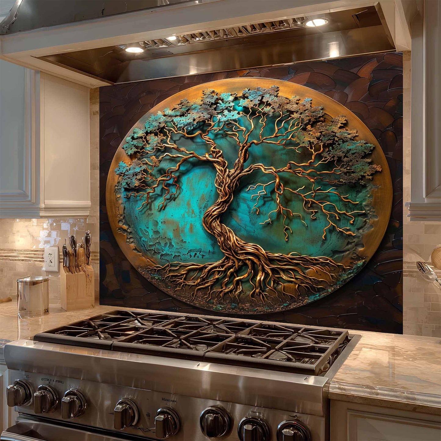 Decorative wall art with a tree design above a stove in a kitchen.