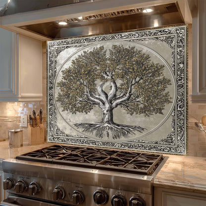 Decorative backsplash with a tree design above a stove in a kitchen.