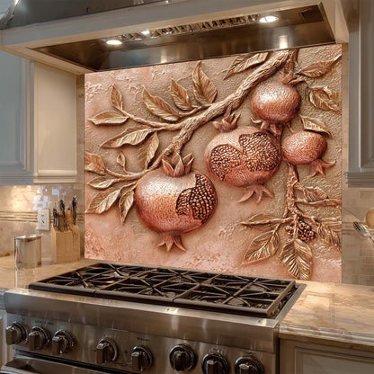 Decorative backsplash with pomegranate design above a stove in a kitchen.