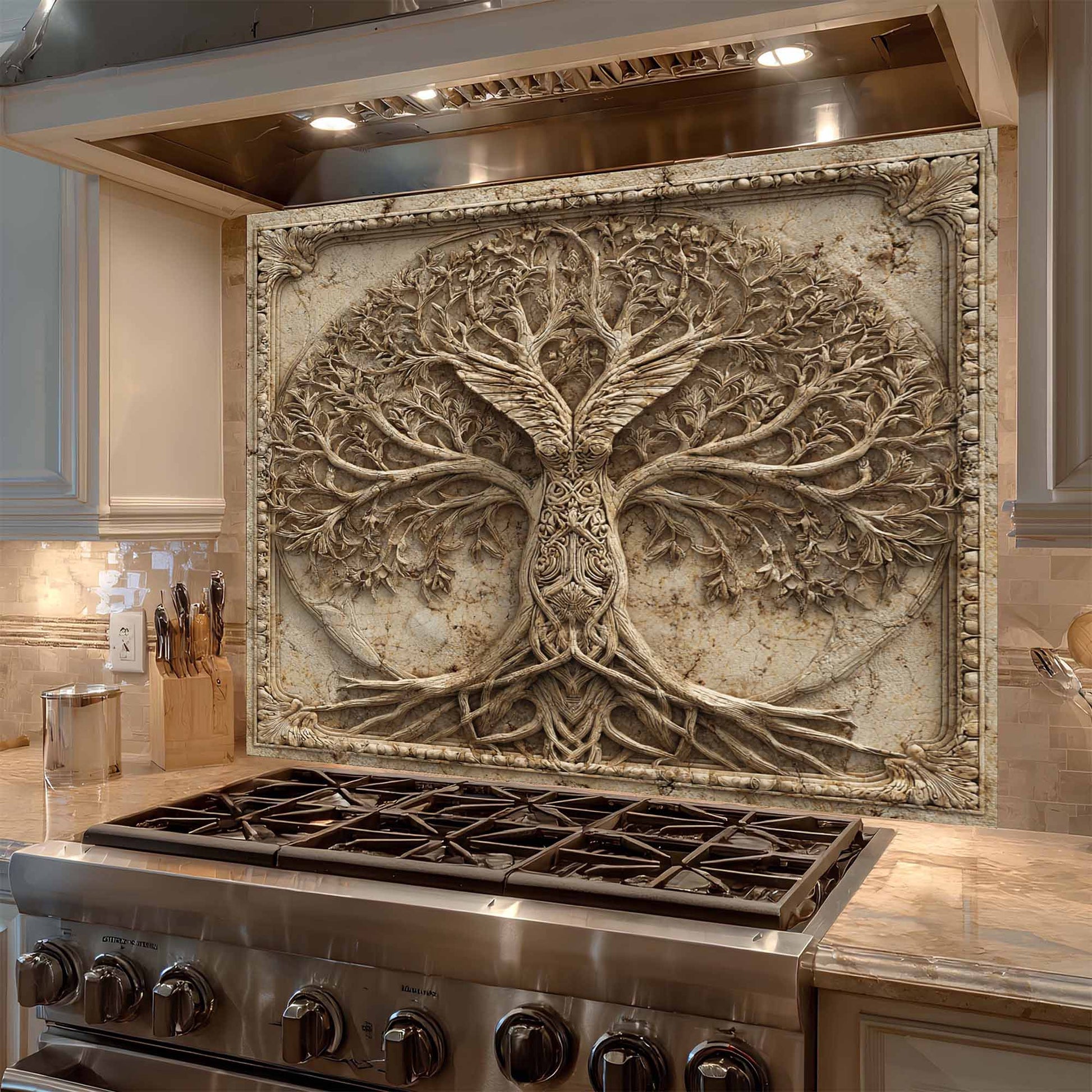 Decorative backsplash with tree design above a stove in a kitchen.