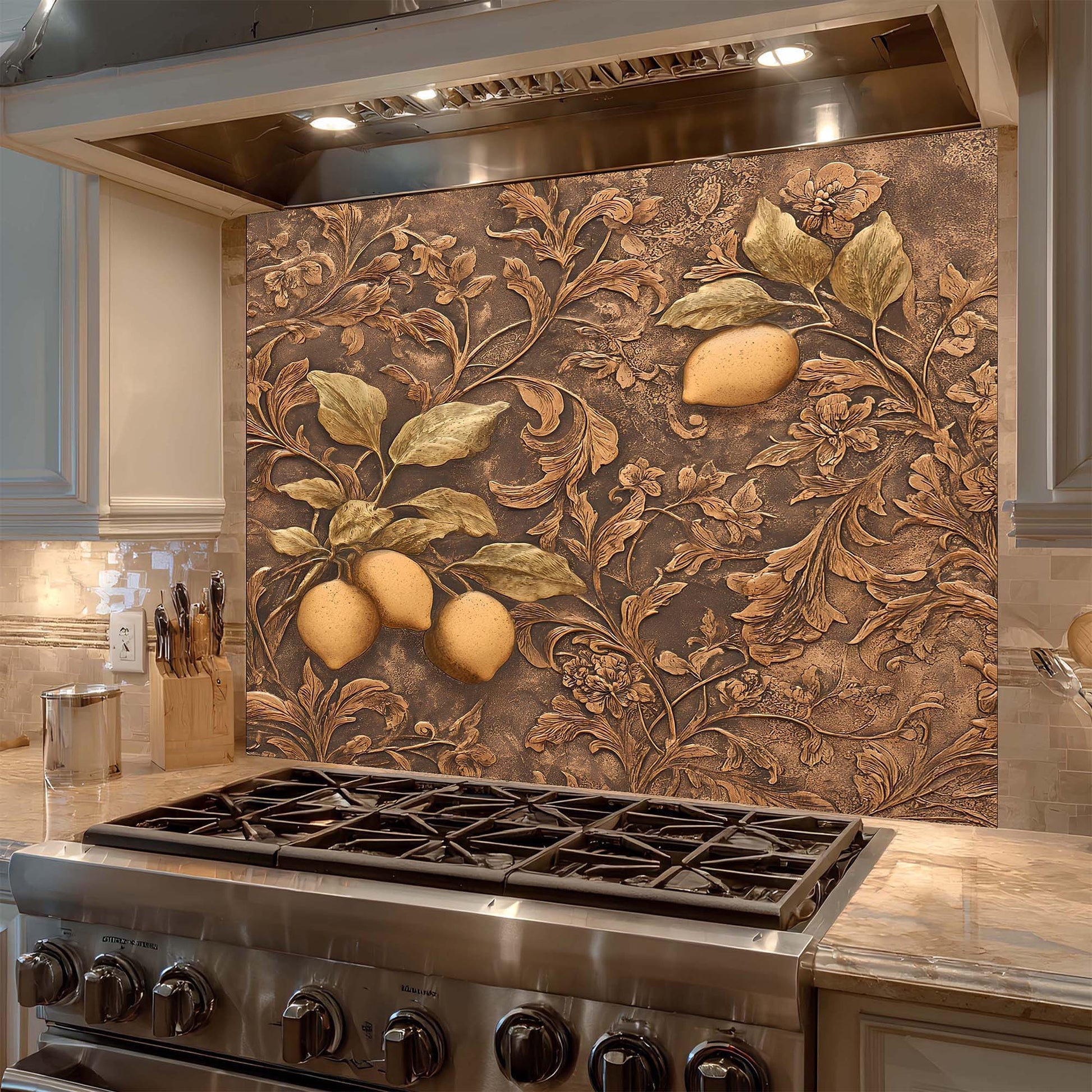 Decorative backsplash with lemon design above a stove in a kitchen.