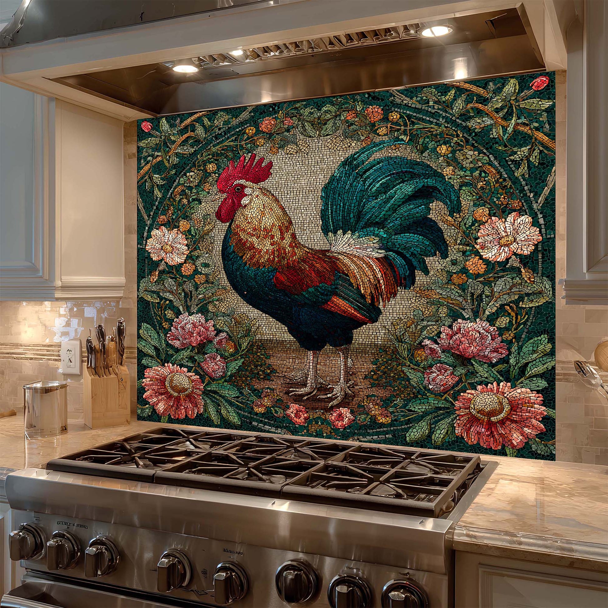 Decorative mosaic look glass backsplash with a rooster design above a stove in a kitchen.