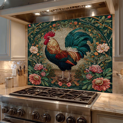 Decorative mosaic look glass backsplash with a rooster design above a stove in a kitchen.