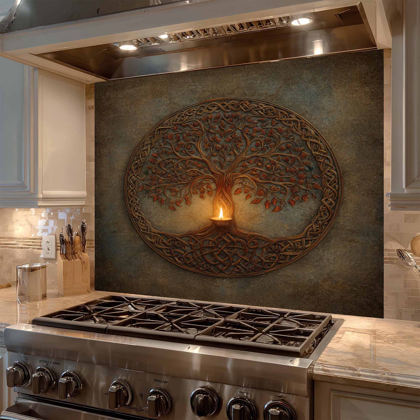 Decorative backsplash of a tree with roots and branches above a stove in a kitchen.