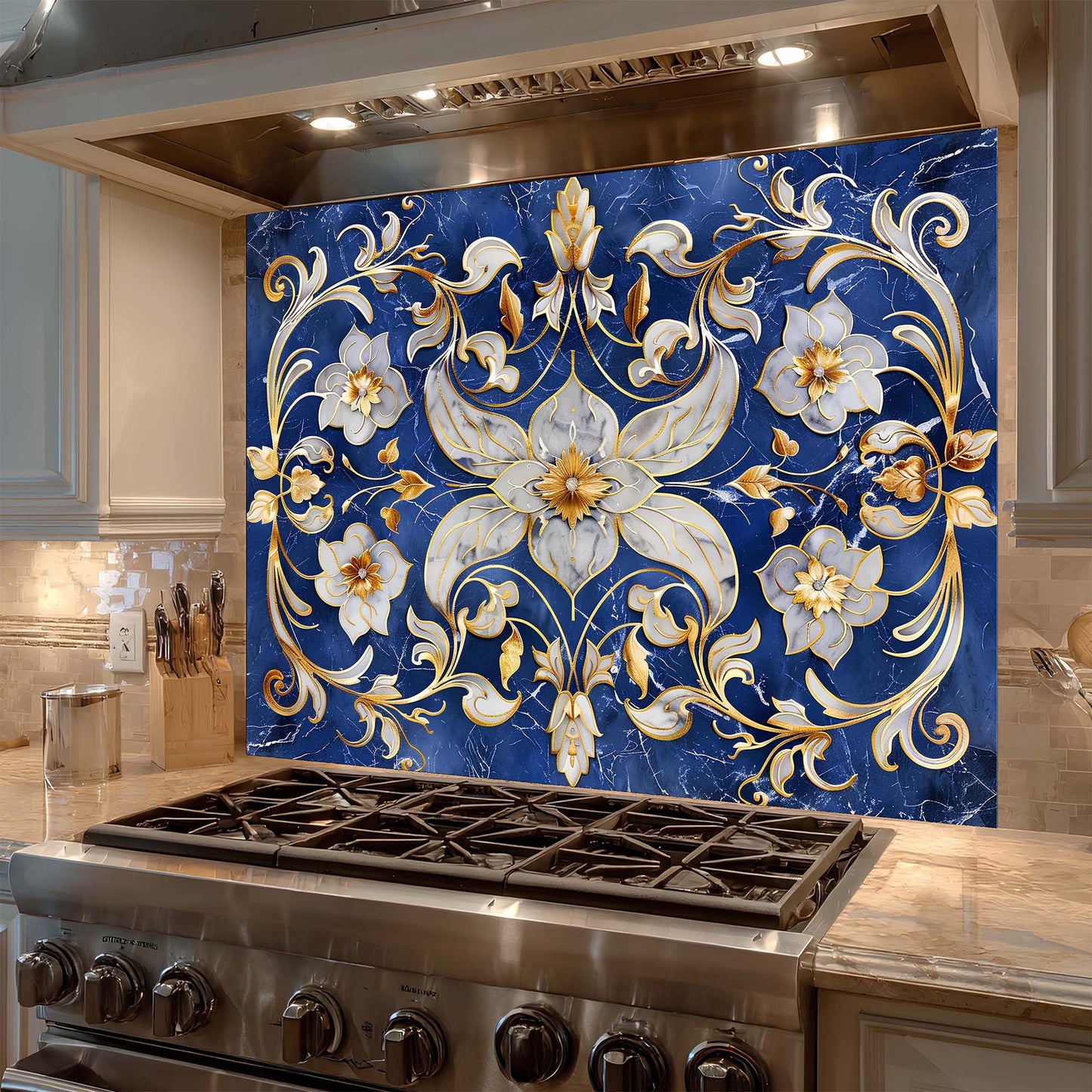 Decorative floral backsplash above a stove in a kitchen