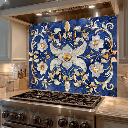 Decorative floral backsplash above a stove in a kitchen