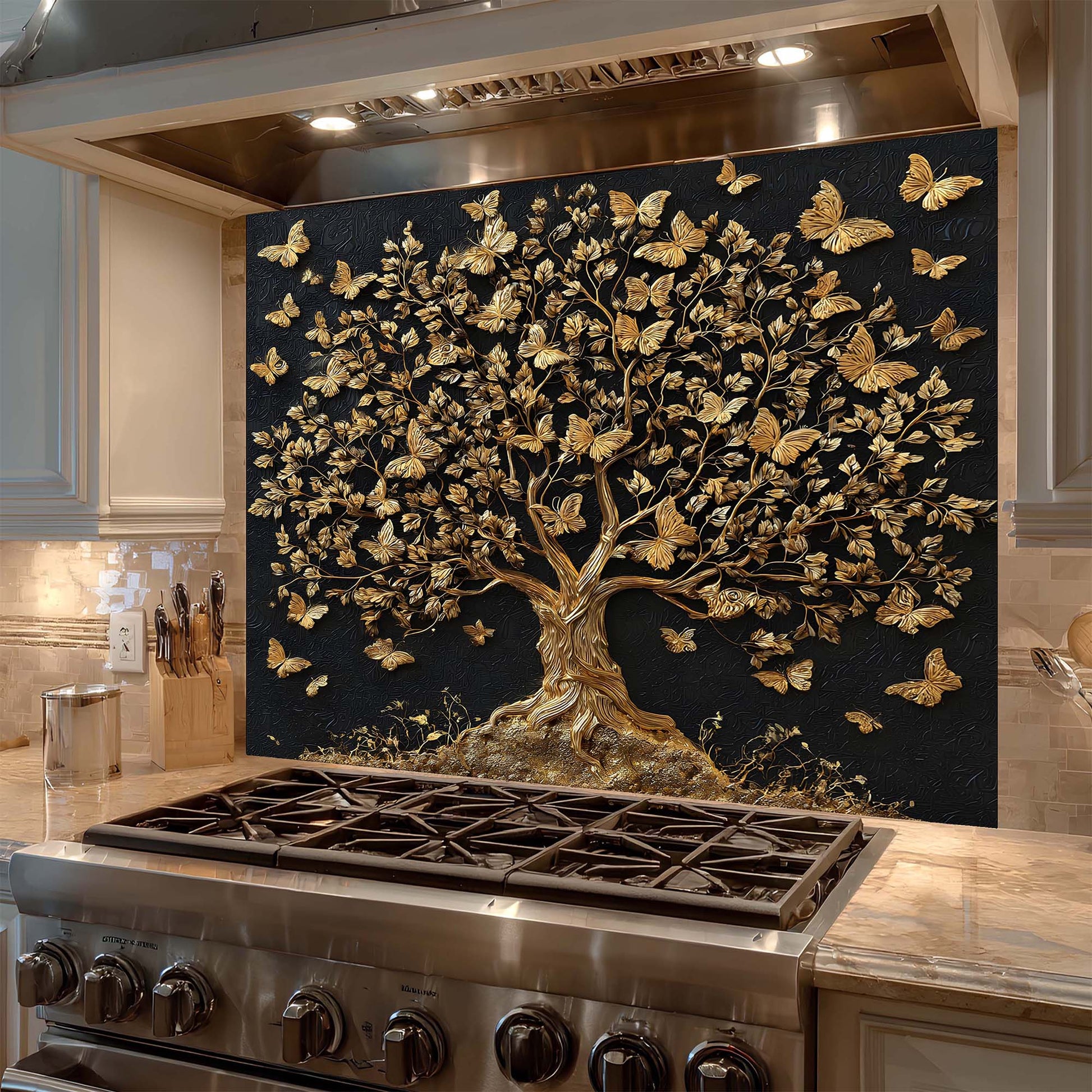 Decorative backsplash with a gold tree and butterflies in a kitchen setting.