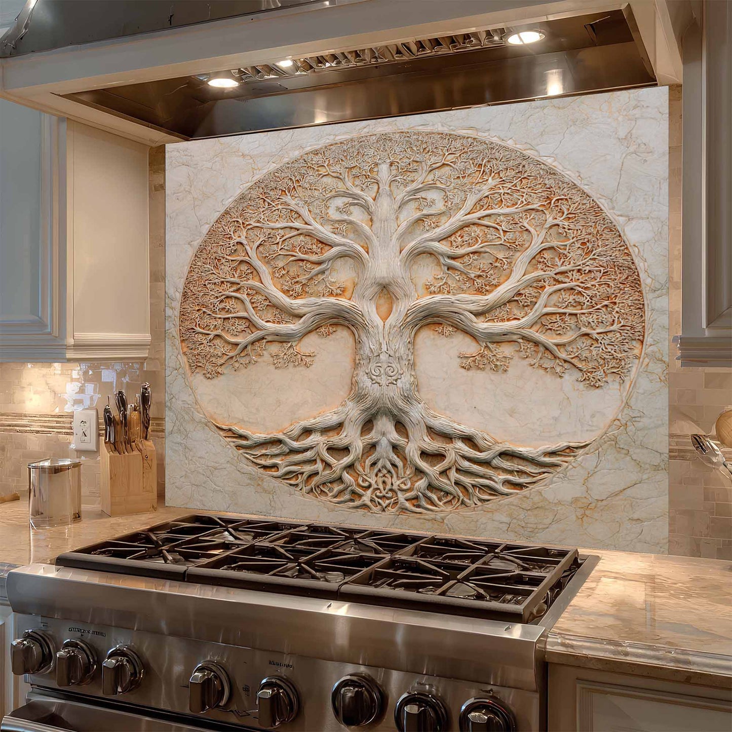 Decorative backsplash of a tree with roots above a stove in a kitchen.