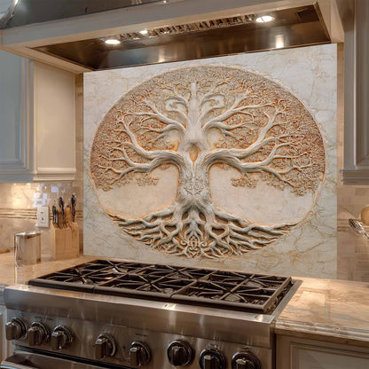 Decorative backsplash of a tree with roots above a stove in a kitchen.