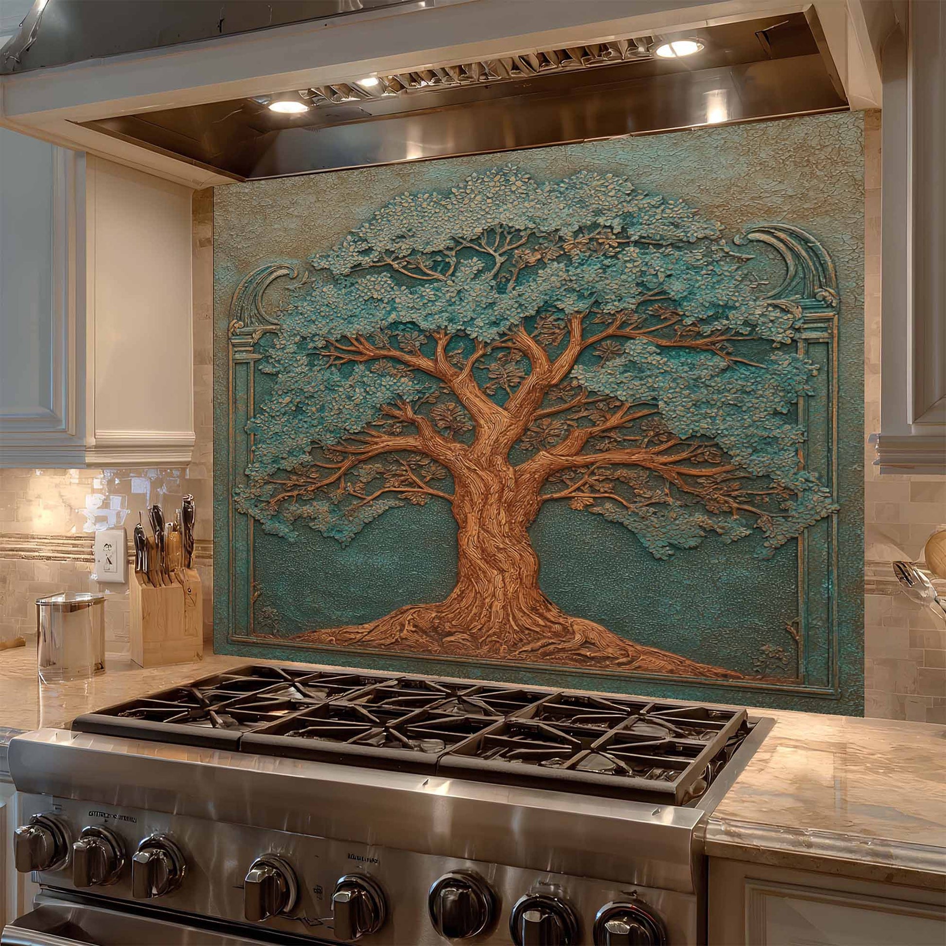 Decorative backsplash of a tree above a stove in a kitchen