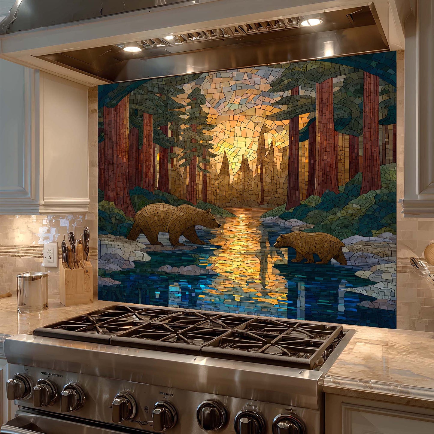 Stainless steel stove with a decorative forest backsplash in a kitchen setting