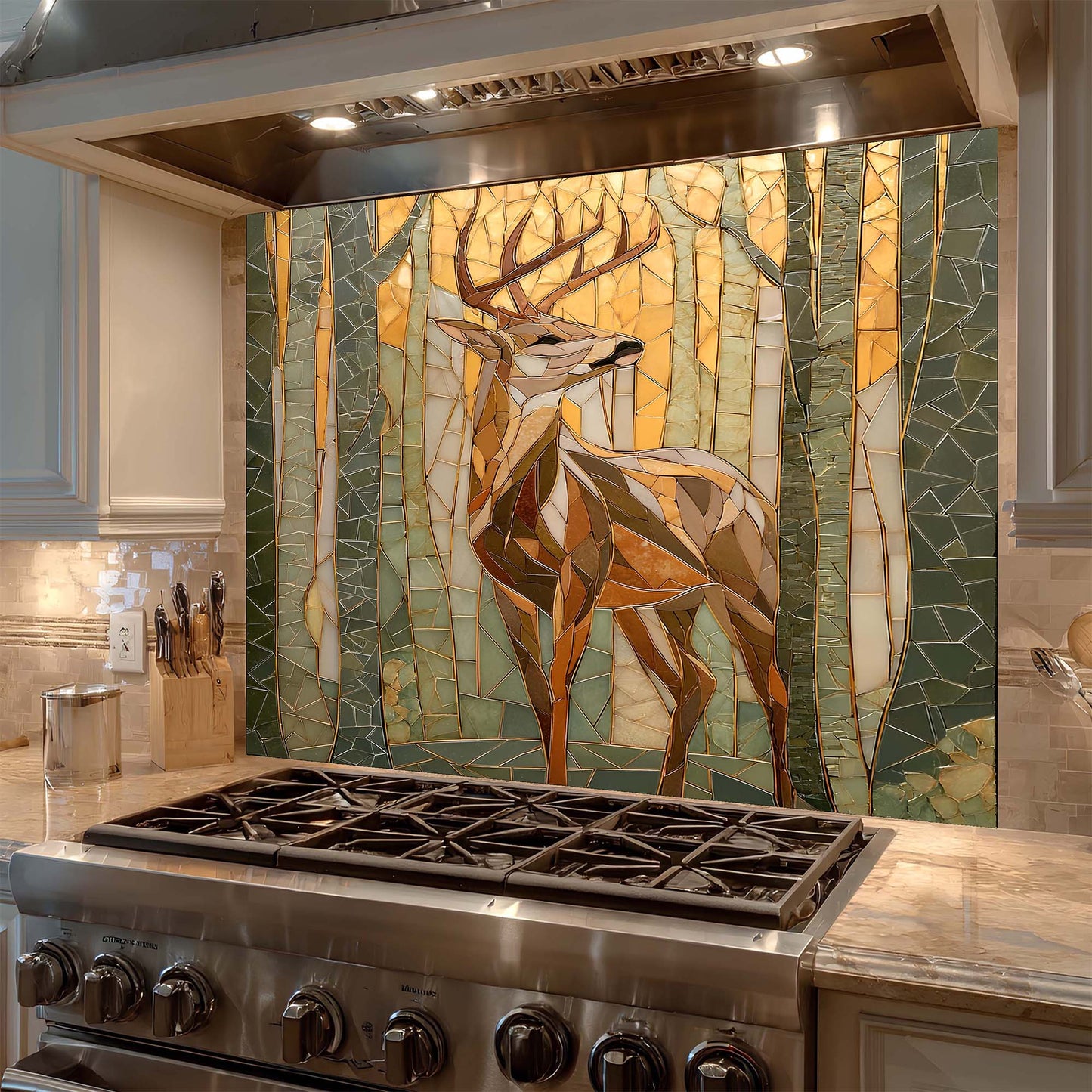 Stainless steel stove with a decorative backsplash featuring a deer in a forest design.