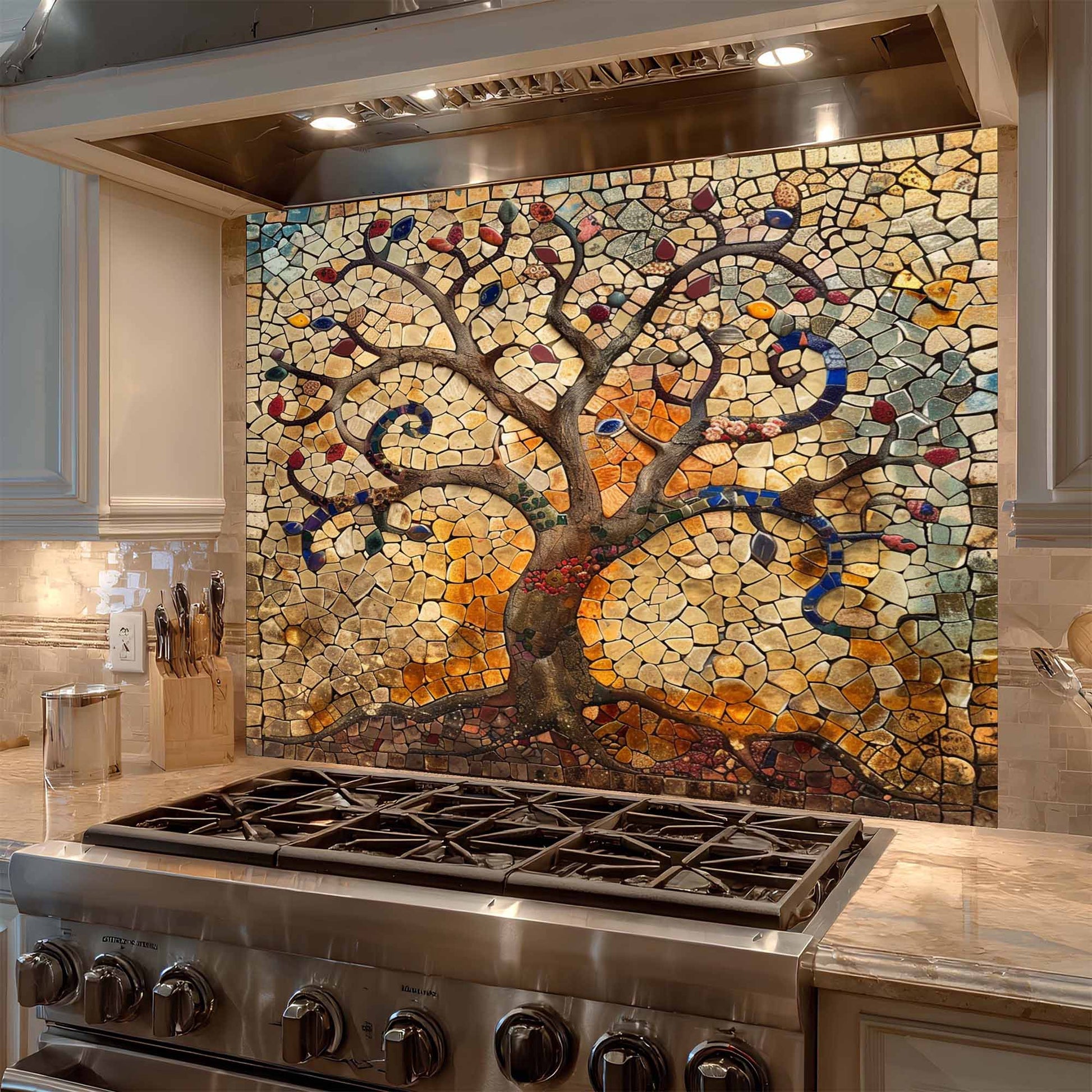 Kitchen with a decorative mosaic tree backsplash above a stove.