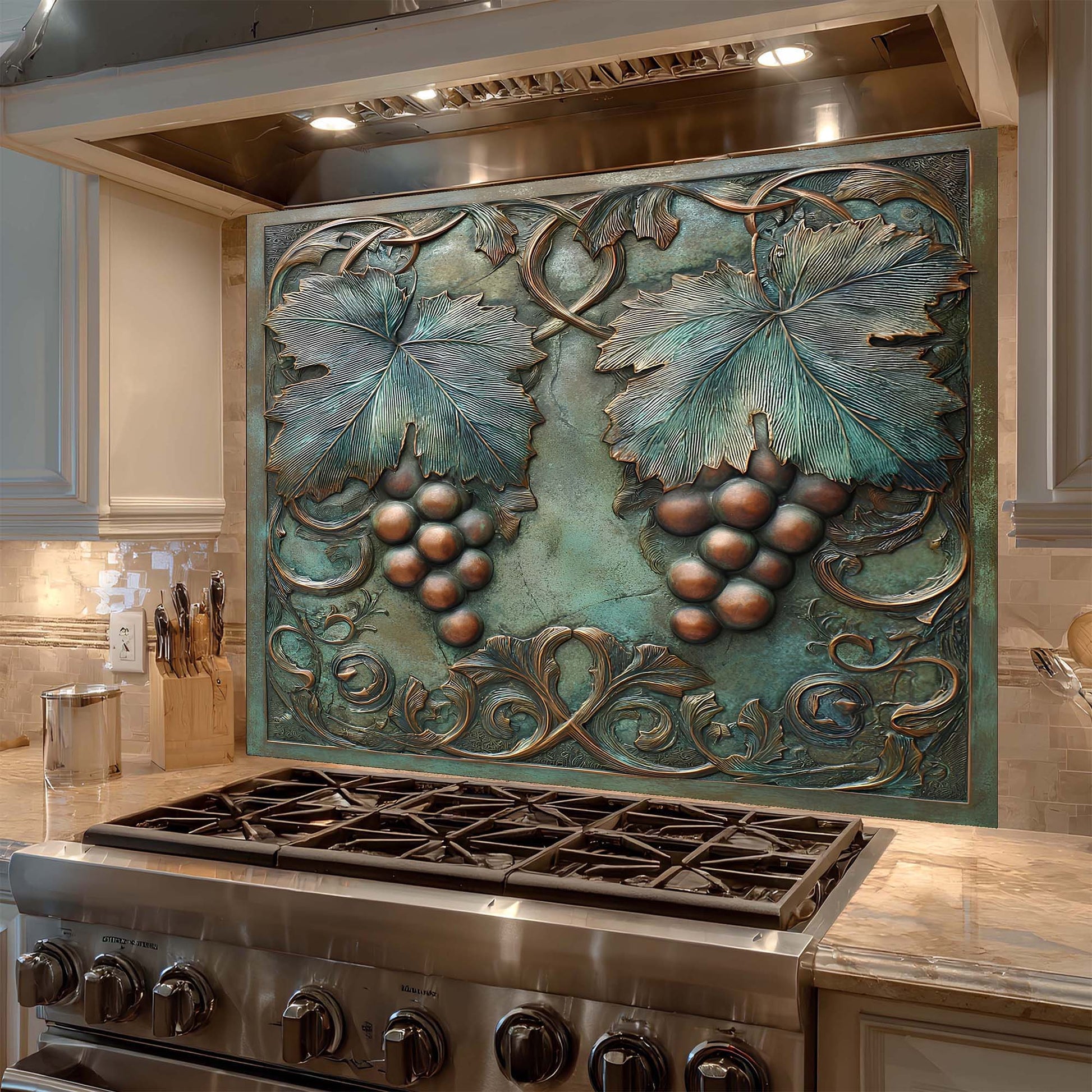 Decorative glass backsplash with grapes and leaves above a stove in a kitchen.