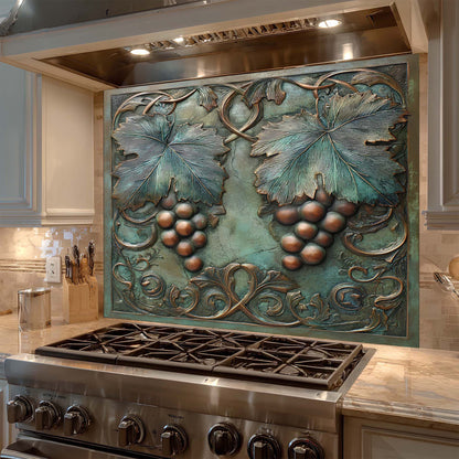 Decorative glass backsplash with grapes and leaves above a stove in a kitchen.