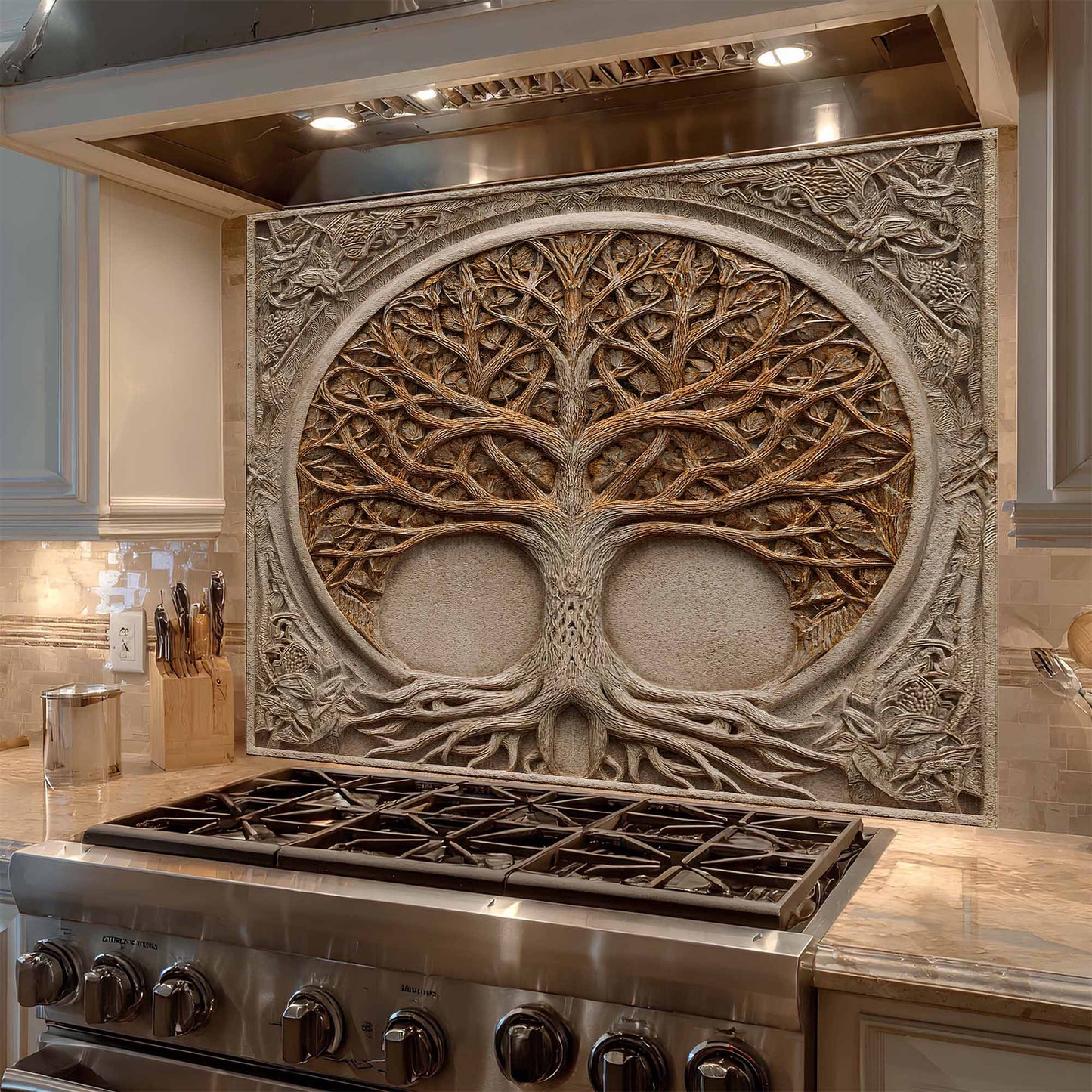 Decorative backsplash with tree design above a stove in a kitchen.